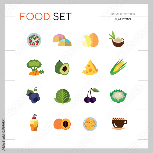 Food icon set. Broccoli, fruit, doughnut, cheese, cappuccino. Eating concept. Can be used for topics like cafe, menu, food store