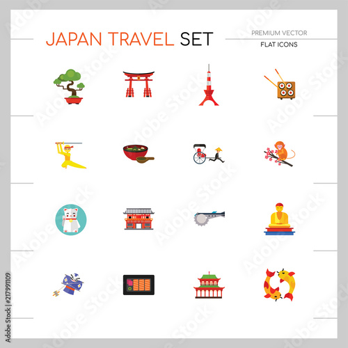 Japan Travel Icon Set. Fuji Mountain Japanese Rickshaw Miso Soup Japanese Macaque Japanese Kite Buddha Statue Tokyo Skytree Tower Yasaka Shrine Sashimi Sushi Set Torii Gate Heijo-kyo