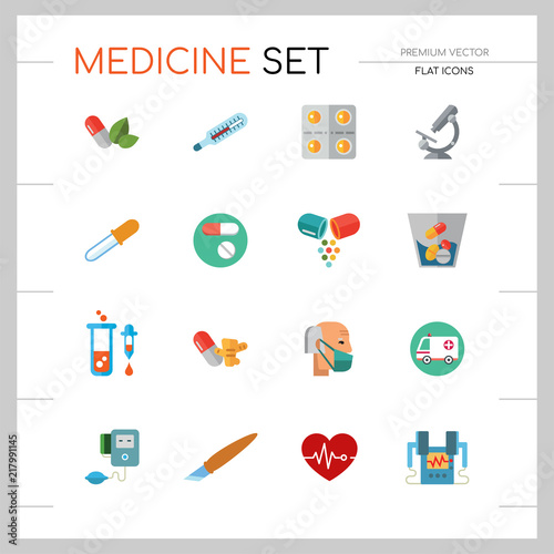Medicine icon set. Capsule, pill, syringe, scalpel, microscope. Medication concept. Can be used for topics like medical help, lad research, test, emergency