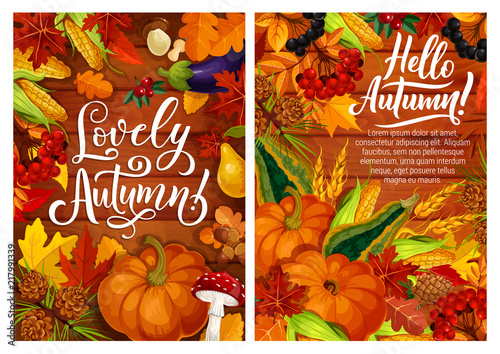 Hello autumn posters with harvest and fall leaves