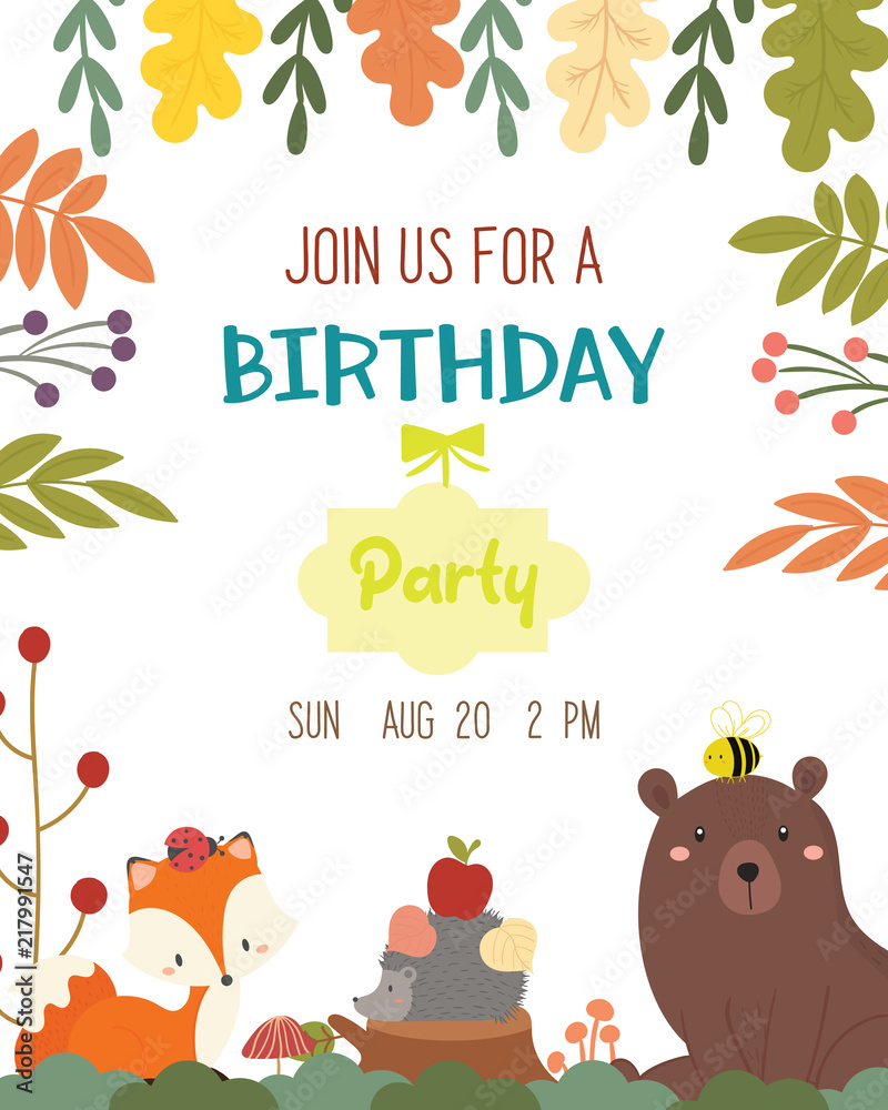 Cute animal autumn theme birthday party invitation card vector illustration.
