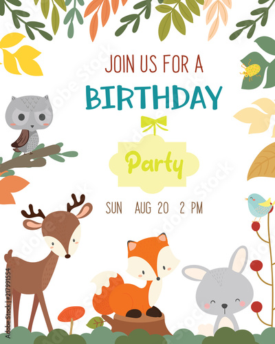 Cute animal autumn theme birthday party invitation card vector illustration.