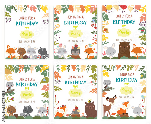 Cute animal autumn theme birthday party invitation card vector illustration.