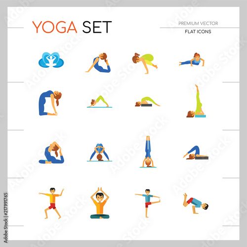 Yoga Icon Set. Meditation Rajakapotasana Sarvangasana Halasana Ustrasana Astavakasana Bakasana Handstand Virabhadrasana Svanasana Prasarita