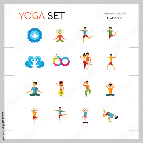 Yoga Icon Set. Infinity Meditation Handstand Virabhadrasana Lotus Position Yoga Sign Man Meditating Yogi Man Doing Yoga Man Doing Exercises Vrksasana Virabhadrasana Virasana
