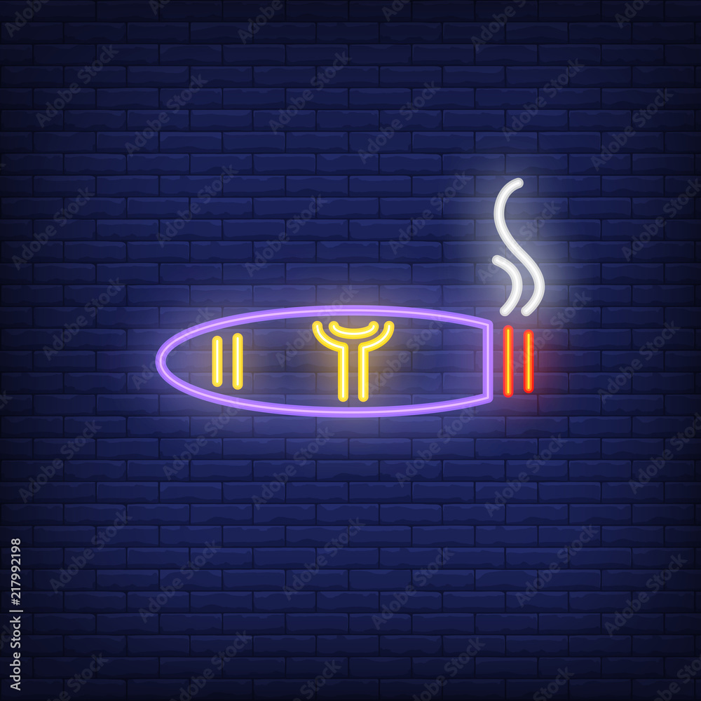 Smoking cigar neon sign. Smoking, healthcare and addiction concept