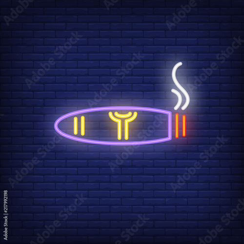 Smoking cigar neon sign. Smoking, healthcare and addiction concept. Advertisement design. Night bright colorful billboard, light banner. Vector illustration in neon style.