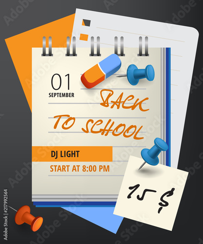 Back to school lettering with notebook and pushpins. Invitation design. Handwritten text, calligraphy. For leaflets, brochures, invitations, posters or banners.