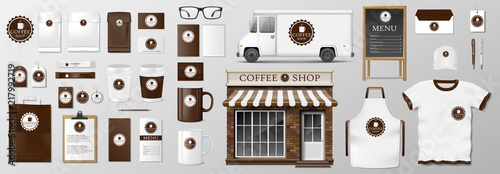 Mockup set for coffee shop, cafe or restaurant. Coffee food package for corporate identity design. Realistic set of cardboard, Food delivery truck, cup, pack, shirt, menu