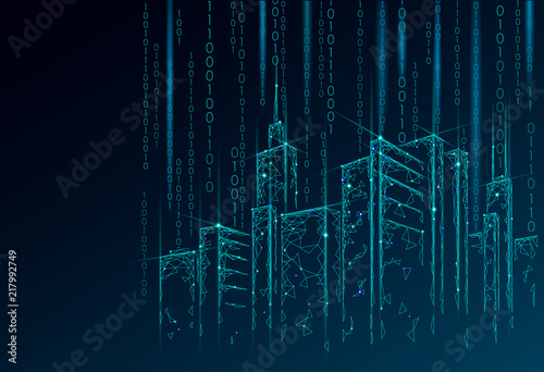 Low poly smart city 3D wire mesh. Intelligent building automation system business concept. Binary code number data flow. Architecture urban cityscape technology sketch banner vector illustration