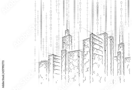Low poly smart city 3D wire mesh. Intelligent building automation system business concept. Binary code number data flow. Architecture urban cityscape technology sketch banner vector illustration