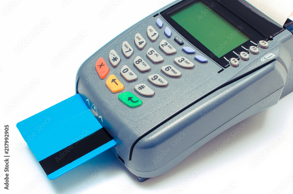 Payment terminal with credit card on white, cashless paying for shopping or products concept