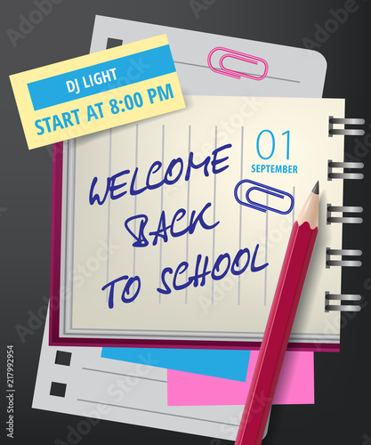 Welcome back to school lettering with notebook and pencil. Invitation design. Handwritten text, calligraphy. For leaflets, brochures, invitations, posters or banners.