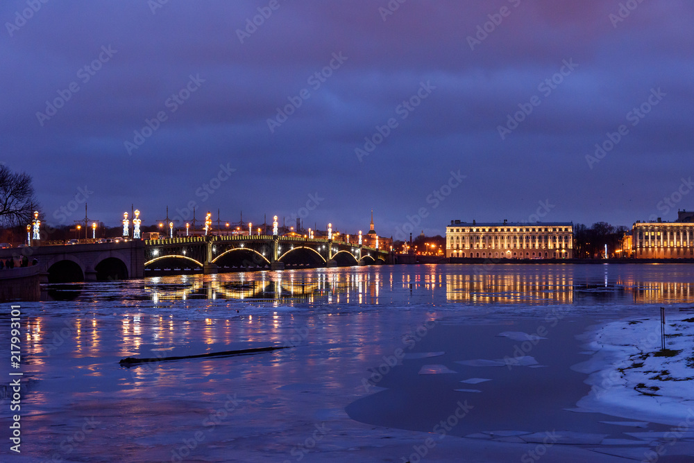 Trinity Bridge over Neva River in the beginning of winter. Saint Petersburg, Russia