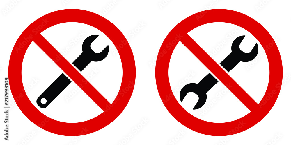 No maintenance required / do not try to fix or repair symbol. Black wrench (spanner) symbol in red crossed circle. Both ends and open end version. No maintenance required / do not try to fix or repair symbol. Black wrench (spanner) symbol in red crossed circle. Both ends and open end version.