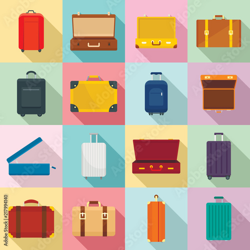 Suitcase travel luggage bag briefcase icons set. Flat illustration of 16 Suitcase travel luggage bag briefcase vector icons for web