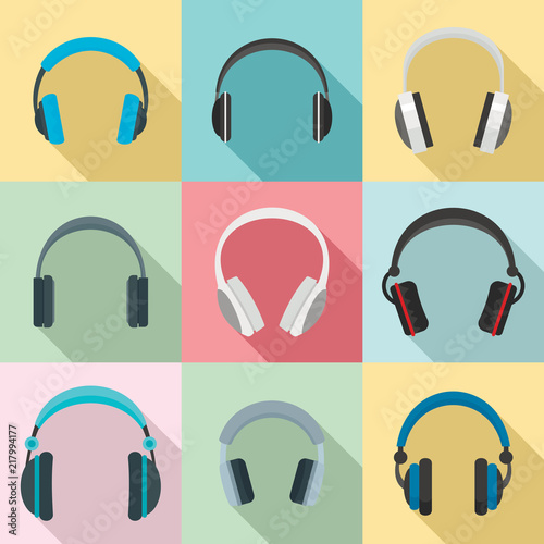 Headphones music listen speakers headset icons set. Flat illustration of 9 headphones music listen speakers headset vector icons for web photo