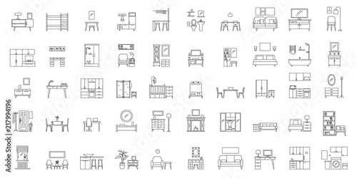 Interior room. Objects in house. Home inside furniture icons set. Outline illustration of 50 Interior room objects house inside furniture vector icons for web photo