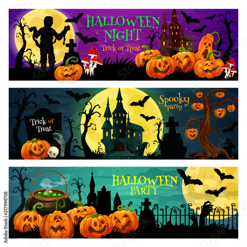 Halloween night party banner with spooky house
