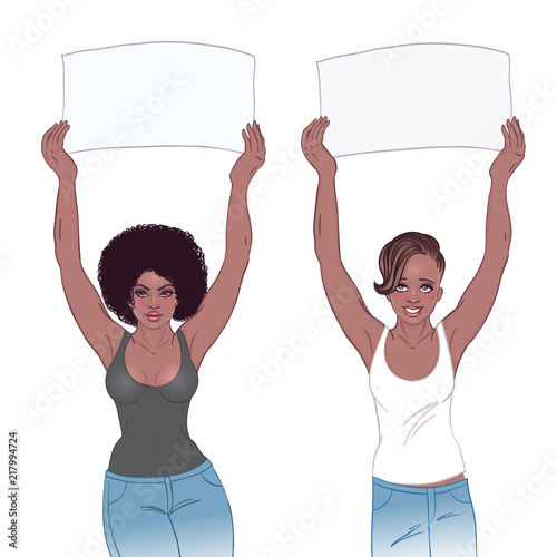 Young African American girl holding banner. Feminist protest concept. Black woman rights. Vector.