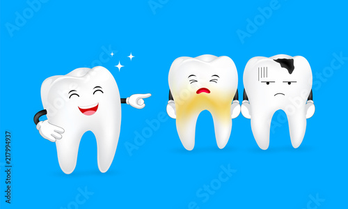 cute tooth character expression set, great for your design. Dental care concept. Illustration isolated on blue background.