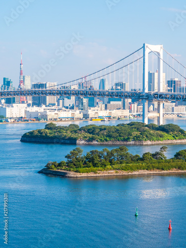 Beautiful cityscape with architecture building and rainbow bridge in tokyo city