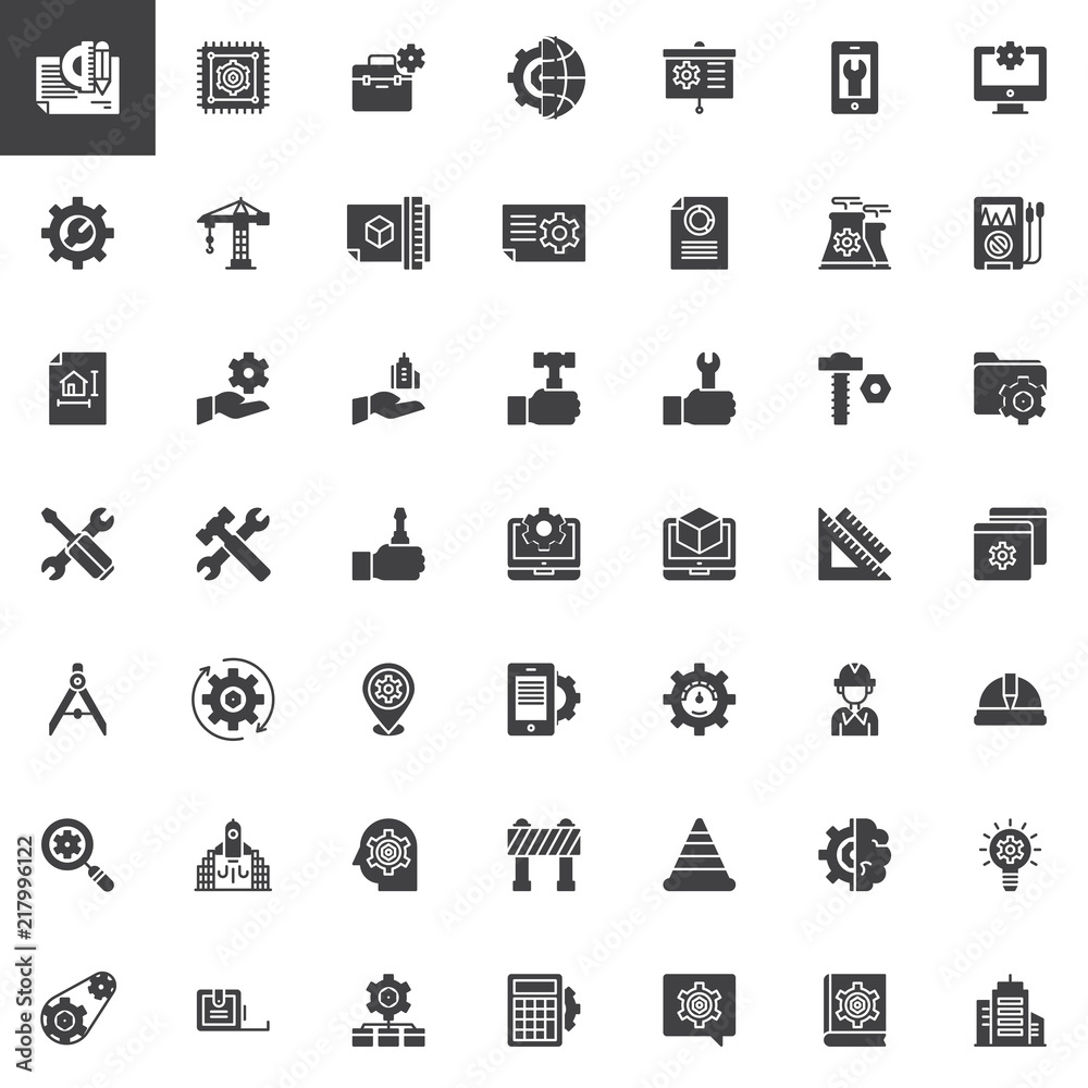 Engineering elements vector icons set, modern solid symbol collection, filled style pictogram pack. Signs, logo illustration. Set includes icons as Plan, Cpu, Presentation, Settings, Crane, Blueprint