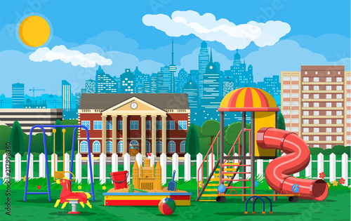 Kids playground kindergarten panorama. Urban child amusement. Slide ladder, rocking toy on spring, slide tube, swing carousel balancer, sandbox. Cityscape. Vector illustration flat style