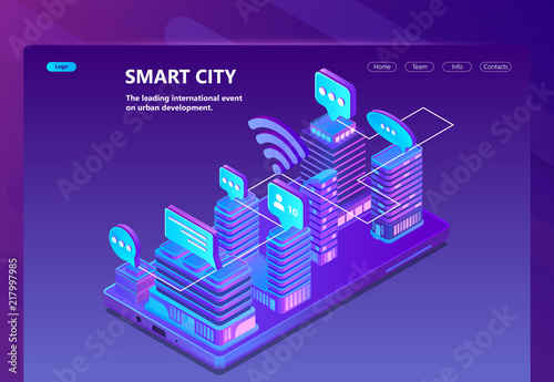 Smart city vector site with 3d isometric smart megapolis, city in violet colors. Network portal with button for urban development. Collection of ultraviolet skyscrapers on smartphone, buildings