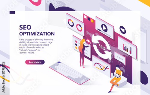 SEO vector isometric background. Optimization process of internet search results for online visibility of website. Concept banner with data analysis, graphs, people at work, template for web page