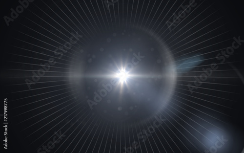 Beautiful blue digital lens flare in black background horizontal frame