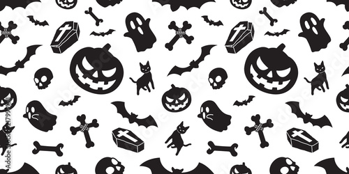 Halloween seamless pattern spooky vector pumpkin bat ghost Dracula coffin skull bone scarf isolated illustration tile background wallpaper