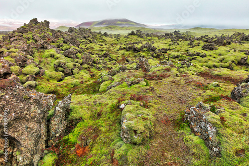 Rugged landscape scene featuring moss covered rocks and a blanket of mist around the mountains in the horizon. Located near Bjarnarhofn in the Western Region of Iceland. photo