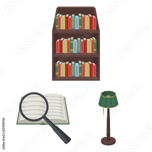Library and bookstore cartoon icons in set collection for design. Books and furnishings vector symbol stock web illustration.