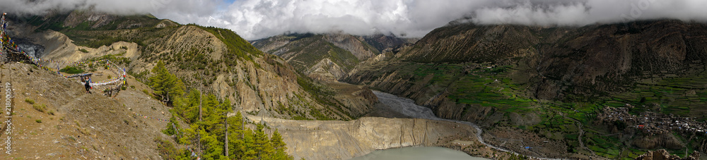 A panorama of the valley below the foothills of the Annapurna 