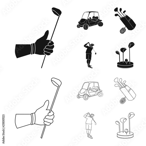 A gloved hand with a stick, a golf cart, a trolley bag with sticks in a bag, a man hammering with a stick. Golf Club set collection icons in black,outline style vector symbol stock illustration web.