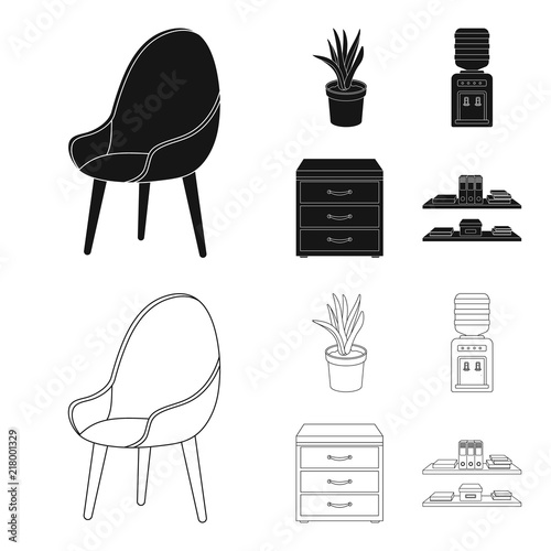 A red chair with a comfortable back, an aloe flower in a pot, an apparatus with clean water, a cabinet for office papers. Office Furniture set collection icons in black,outline style vector symbol