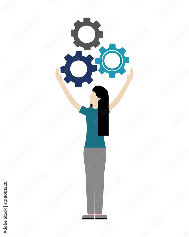 young woman with gear machine isolated icon young woman with gear machine isolated icon