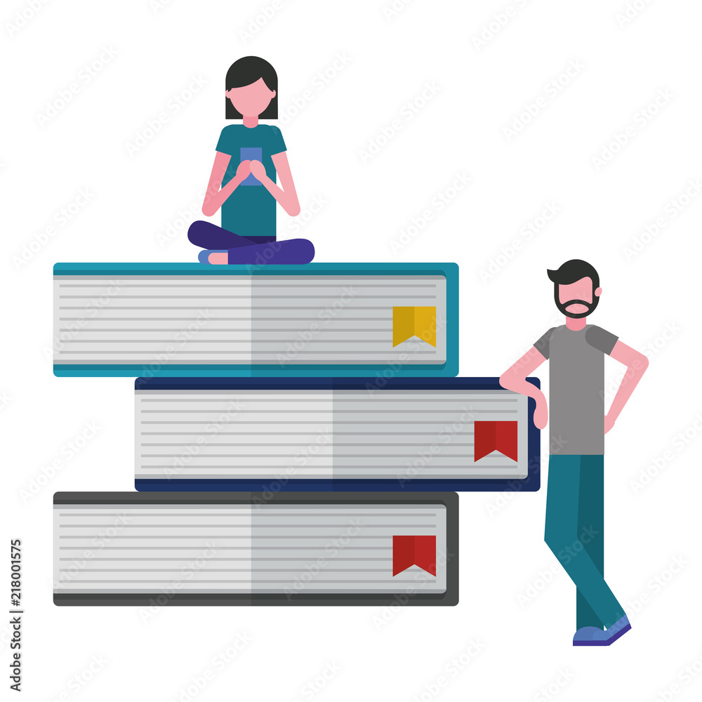 young people with pile library books isolated icon young people with pile library books isolated icon