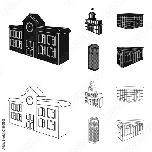 Bank office, skyscraper, city hall building, college building. Architectural and structure set collection icons in black,outline style vector symbol stock illustration web.