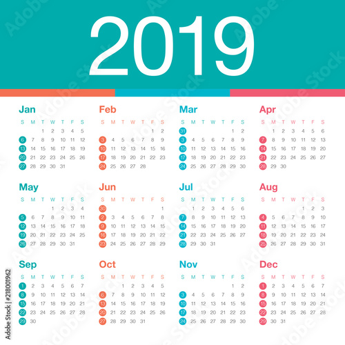 Year 2019 calendar vector design template