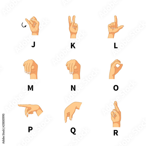 Bright sign language latin alphabet letters on white
