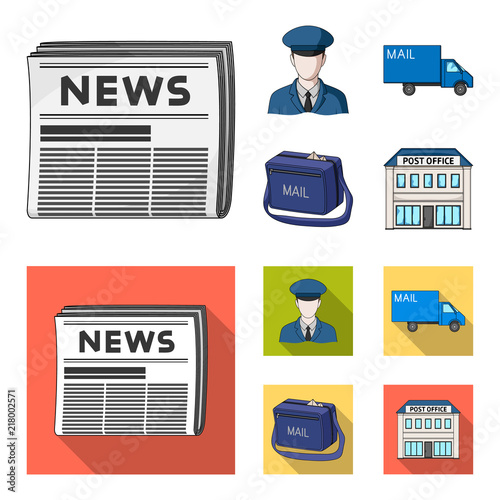 The postman in uniform, mail machine, bag for correspondence, postal office.Mail and postman set collection icons in cartoon,flat style vector symbol stock illustration web.