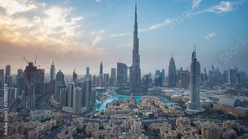 Burj Khalifa and Dubai Fountain against sunset Time-lapse stock footage video