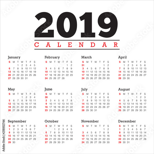 Year 2019 calendar vector design template