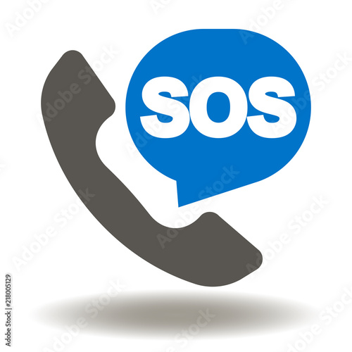 Handset with SOS talk balloon icon vector. Rescue services phone call illustration. Emergency talk contact logo.