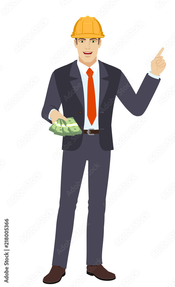 Businessman in construction helmet with cash money pointing somewhere Businessman in construction helmet with cash money pointing somewhere