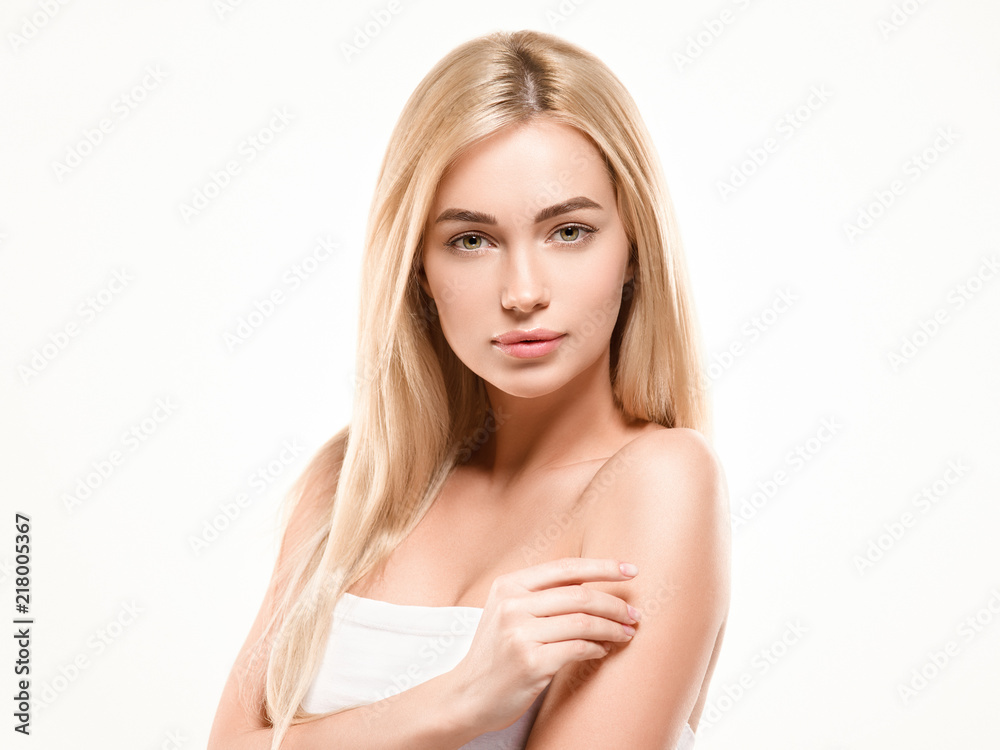 healthy skin and hair blonde beautiful woman with beauty makeup isolated on white healthy skin and hair blonde beautiful woman with beauty makeup isolated on white