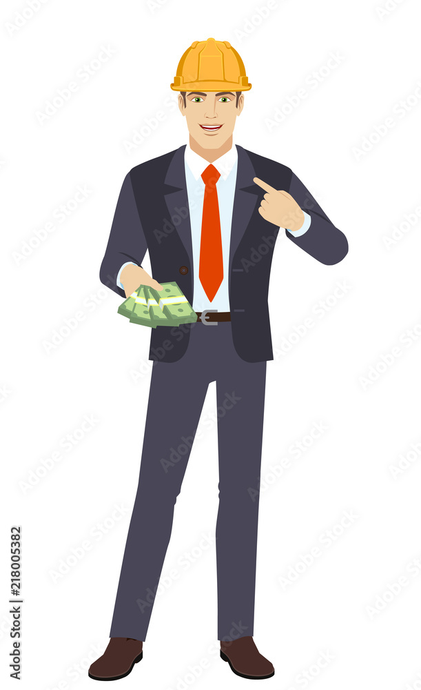 Businessman in construction helmet with cash money pointing the finger at yourself. Self-promotion Businessman in construction helmet with cash money pointing the finger at yourself. Self-promotion