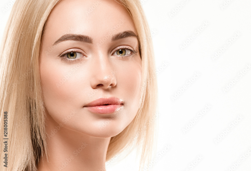 healthy skin and hair blonde beautiful woman with beauty makeup isolated on white healthy skin and hair blonde beautiful woman with beauty makeup isolated on white